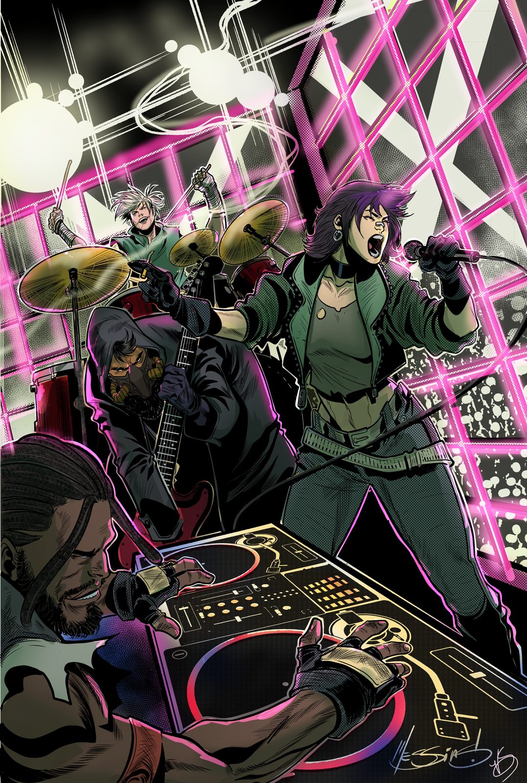 Ashes Over Neon — cover art featuring the Gutter Punks band performing under neon lights